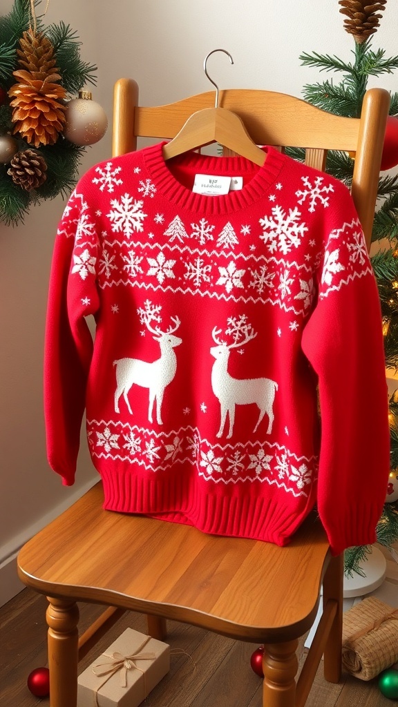 Festive Christmas Jumper Recipe A festive red Christmas jumper with snowflakes and reindeer patterns on a chair, surrounded by holiday decorations.